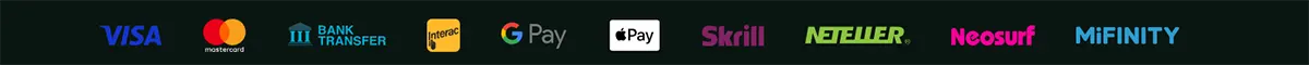 Payment methods banner displaying Visa, Mastercard, bank transfer, Interac, Google Pay, Apple Pay, Skrill, Neteller, Neosurf, and MiFinity logos on a dark background.