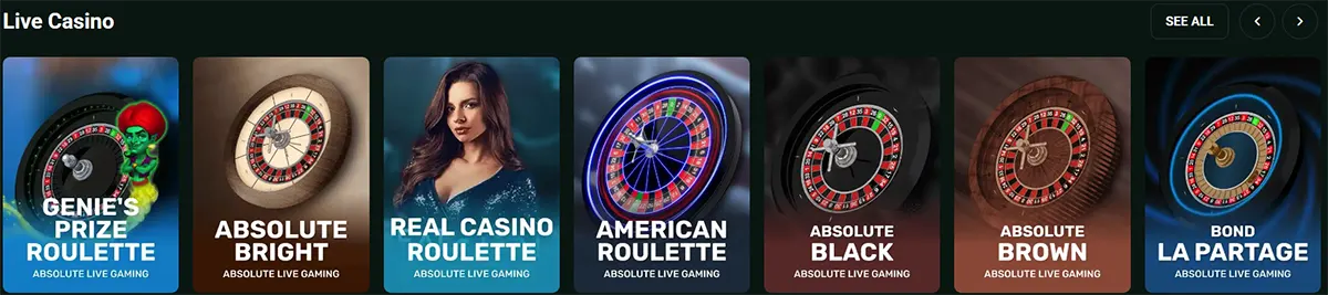 Live casino game row featuring roulette and blackjack titles such as Genie’s Prize Roulette, Absolute Bright, Real Casino Roulette, American Roulette, Absolute Black, Absolute Brown, and Bond La Partage on a dark green interface.
