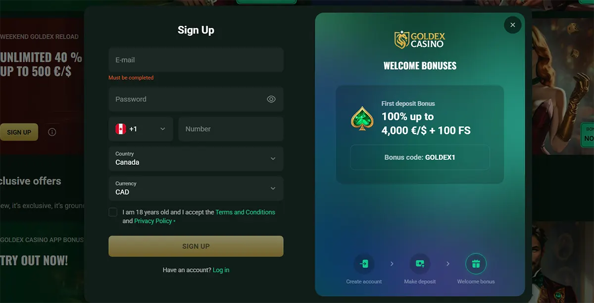 Goldex Casino sign-up popup with registration fields for email, password, phone number, country, and currency, alongside a welcome bonus panel offering 100% up to 4,000 €/ $ plus 100 free spins.